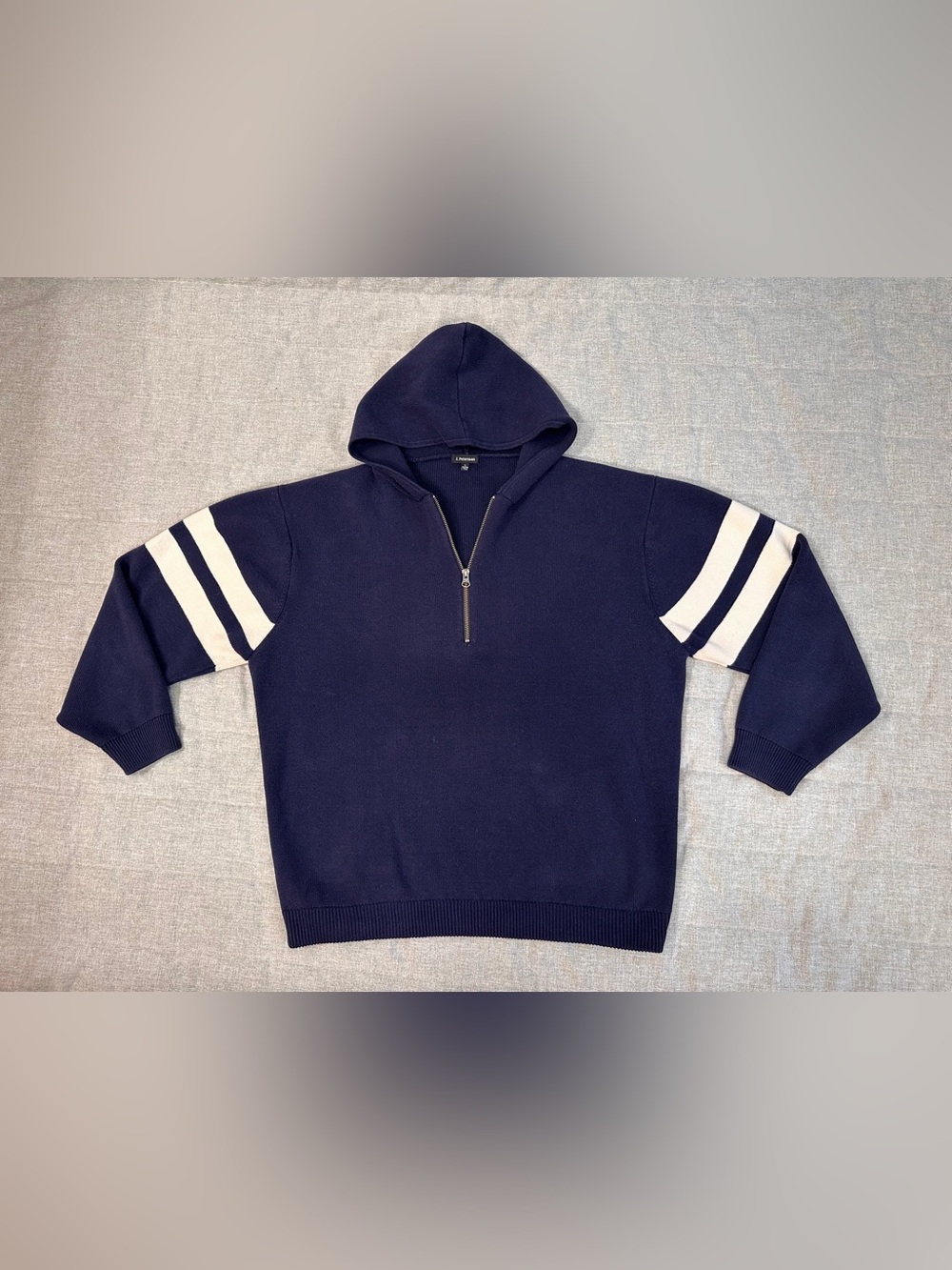 J. Peterman Sweater Mens L Navy Half Zip Hooded Cotton Striped Sleeves Knit